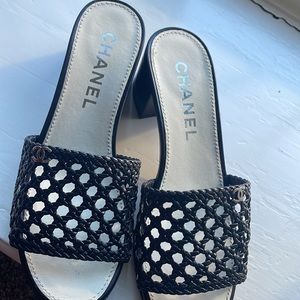 CHANEL low heel slip on black sandals